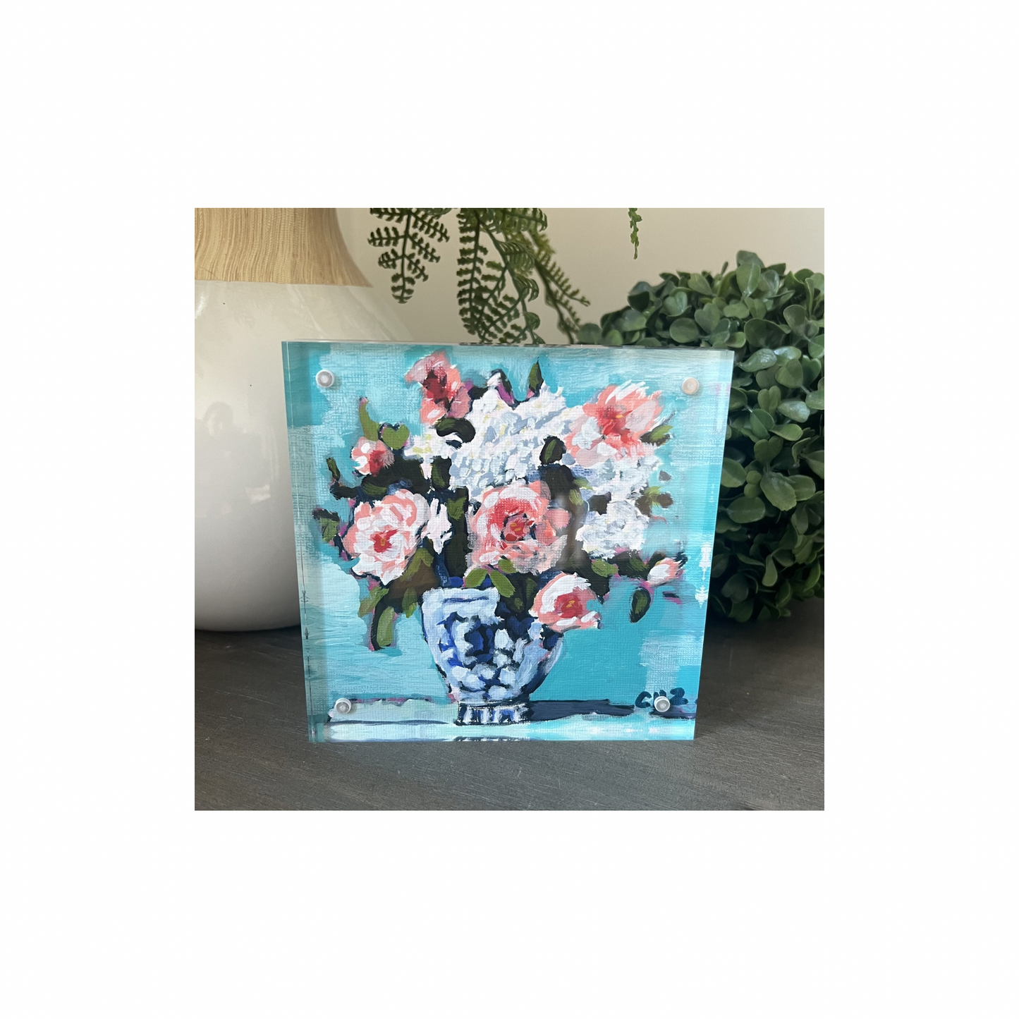 “Gathered Blooms No. II – Centered Light” – Original Mini Floral in Acrylic Block Frame