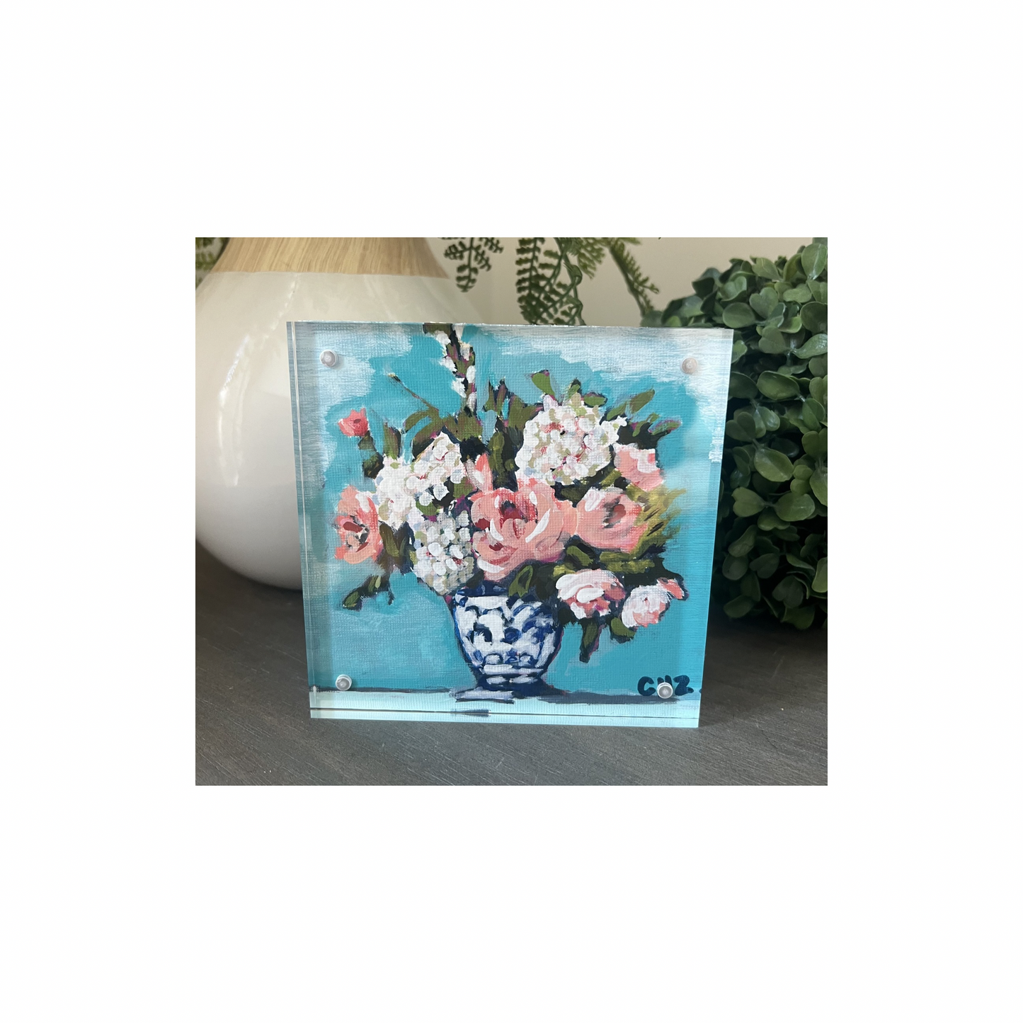 “Gathered Blooms No. I – Soft Morning” – Original Mini Floral in Acrylic Block Frame
