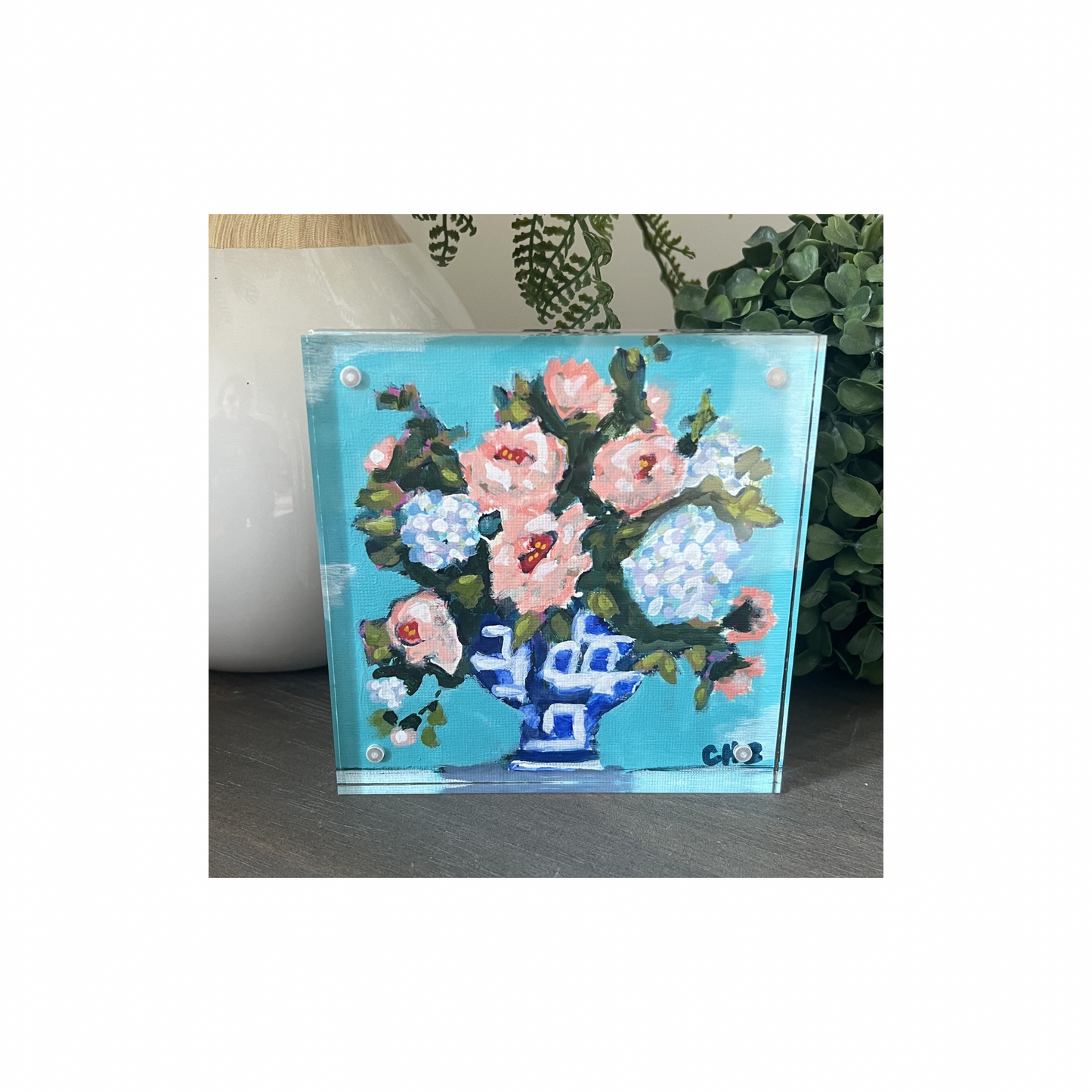 “Gathered Blooms No. IV – Classic Arrangement” - Original Mini Floral in Acrylic Block Frame