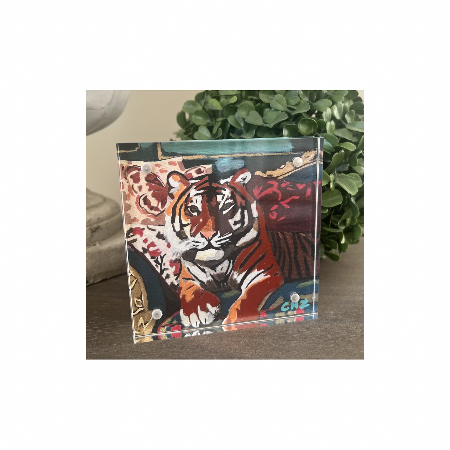 Wild at Ease | Hand-Embellished Tiger Art Print (Acrylic Block Frame)