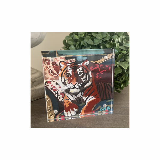 Wild at Ease | Hand-Embellished Tiger Art Print (Acrylic Block Frame)