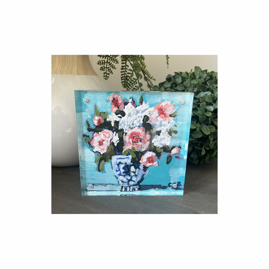“Gathered Blooms No. II – Centered Light” – Original Mini Floral in Acrylic Block Frame