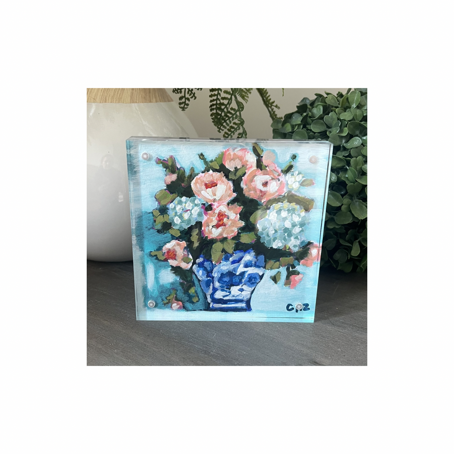 “Gathered Blooms No. III – Open Arrangement” - Original Mini Floral in Acrylic Block Frame