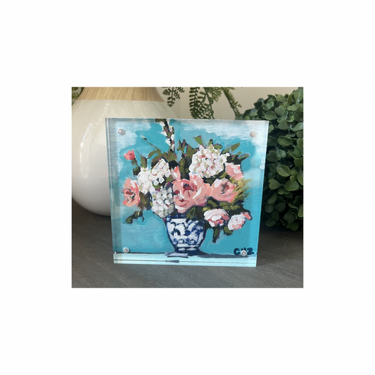 “Gathered Blooms No. I – Soft Morning” – Original Mini Floral in Acrylic Block Frame