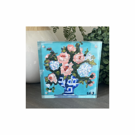 “Gathered Blooms No. IV – Classic Arrangement” - Original Mini Floral in Acrylic Block Frame