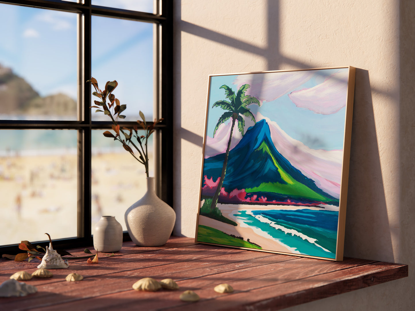 Palm Tree Beach Scene, Original Painting by Christen Zeleznik | Fine Art Print