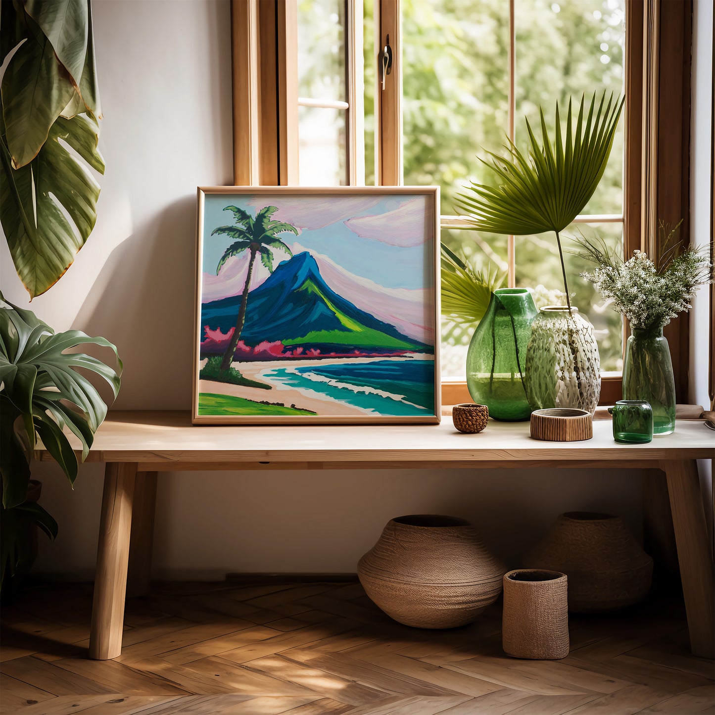 Palm Tree Beach Scene, Original Painting by Christen Zeleznik | Fine Art Print